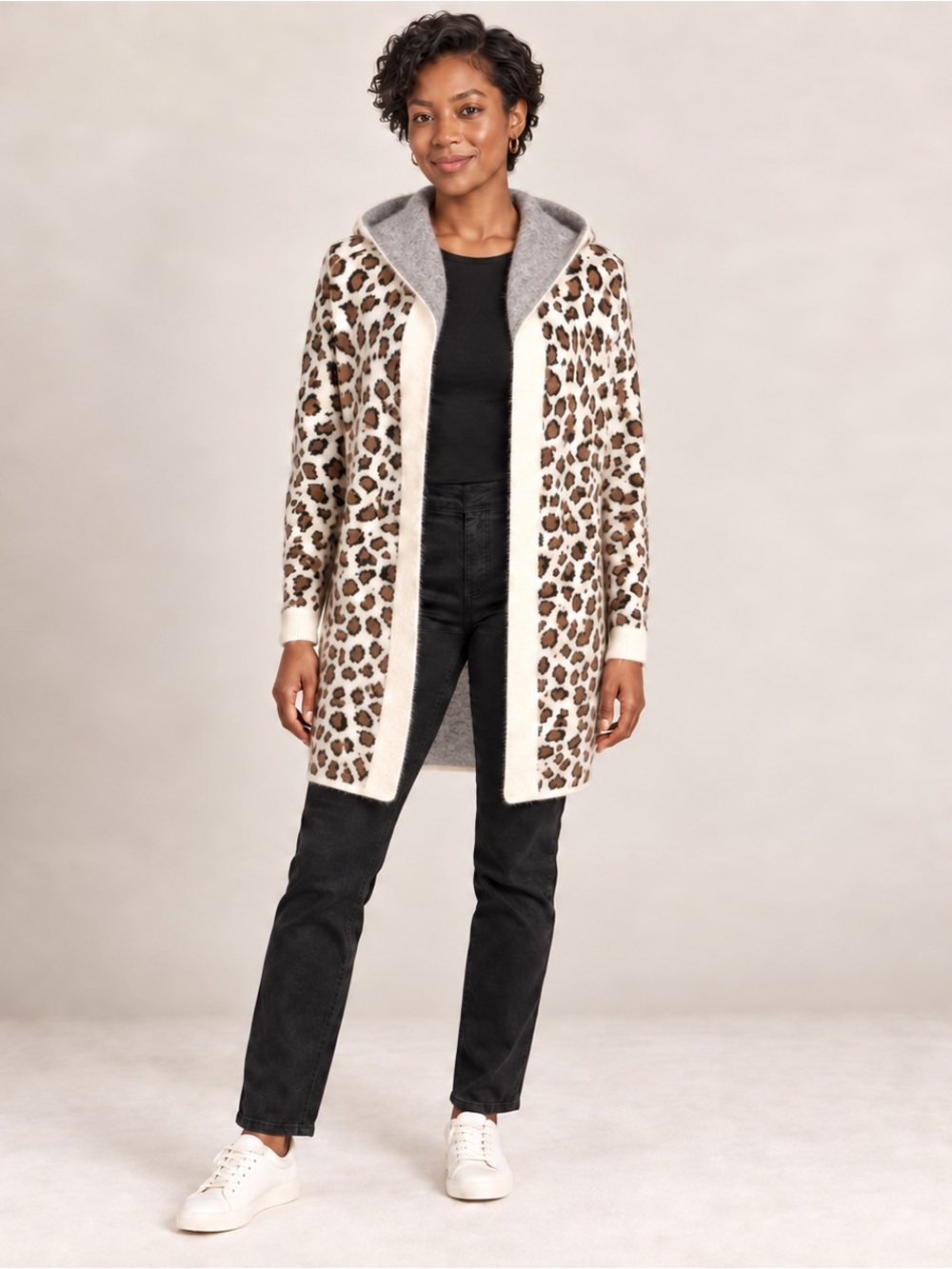 Michelle Nicole Cream and Black Animal Print Cardigan
